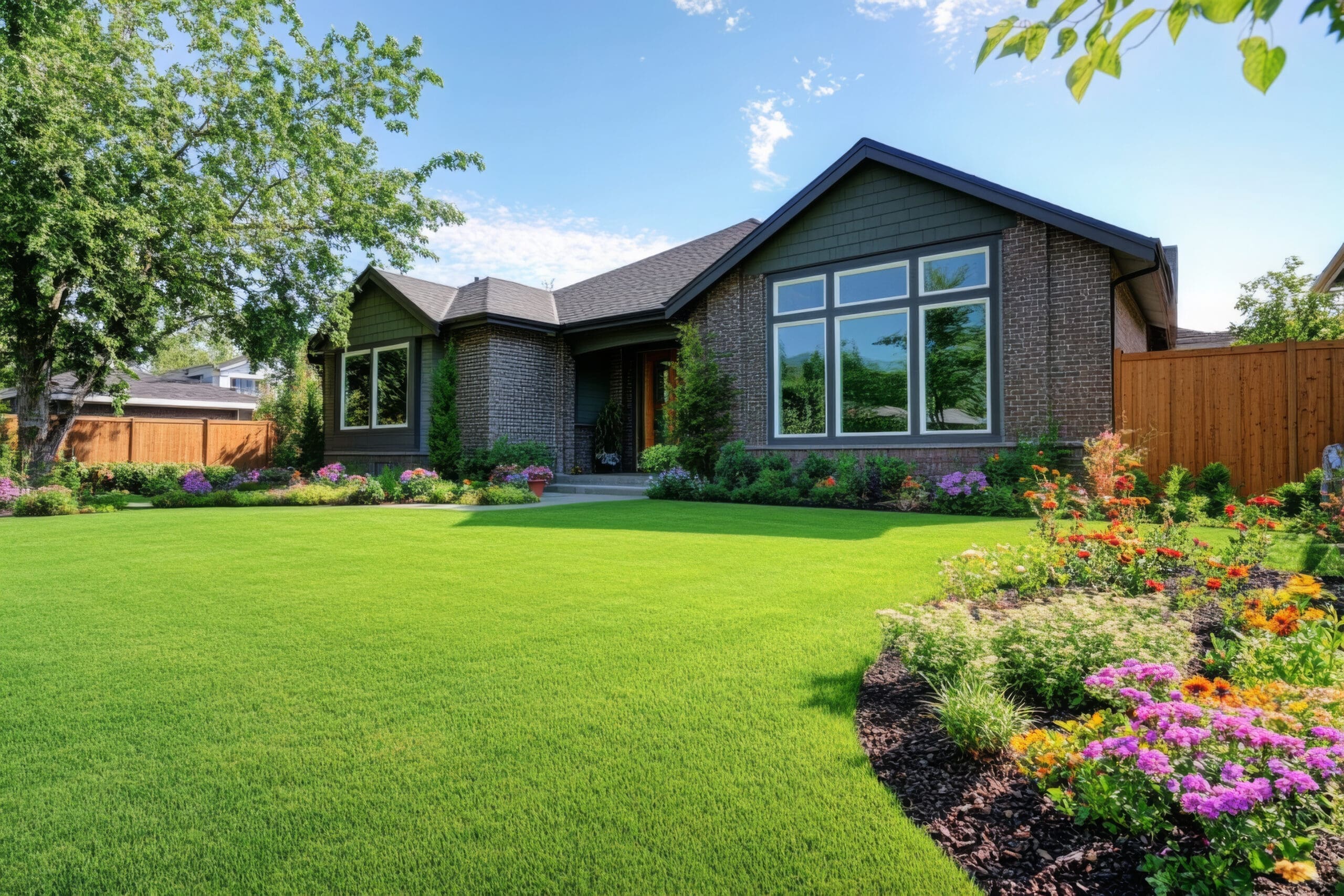 Modern home exterior with garden, roofing Tulsa