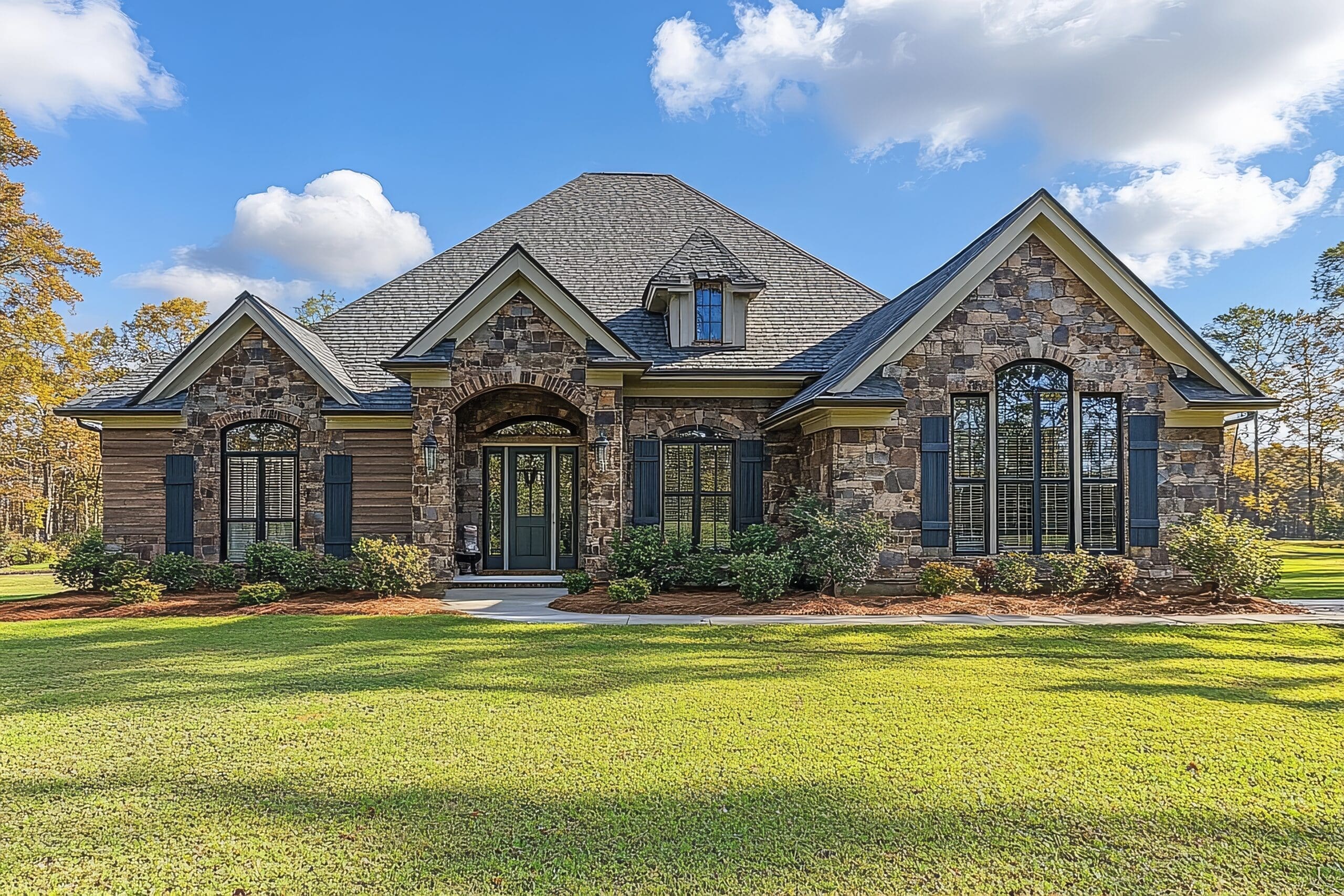Large home in Georgia with green lawn and blue sky, featuring a beautiful gray-colored roof and front view.