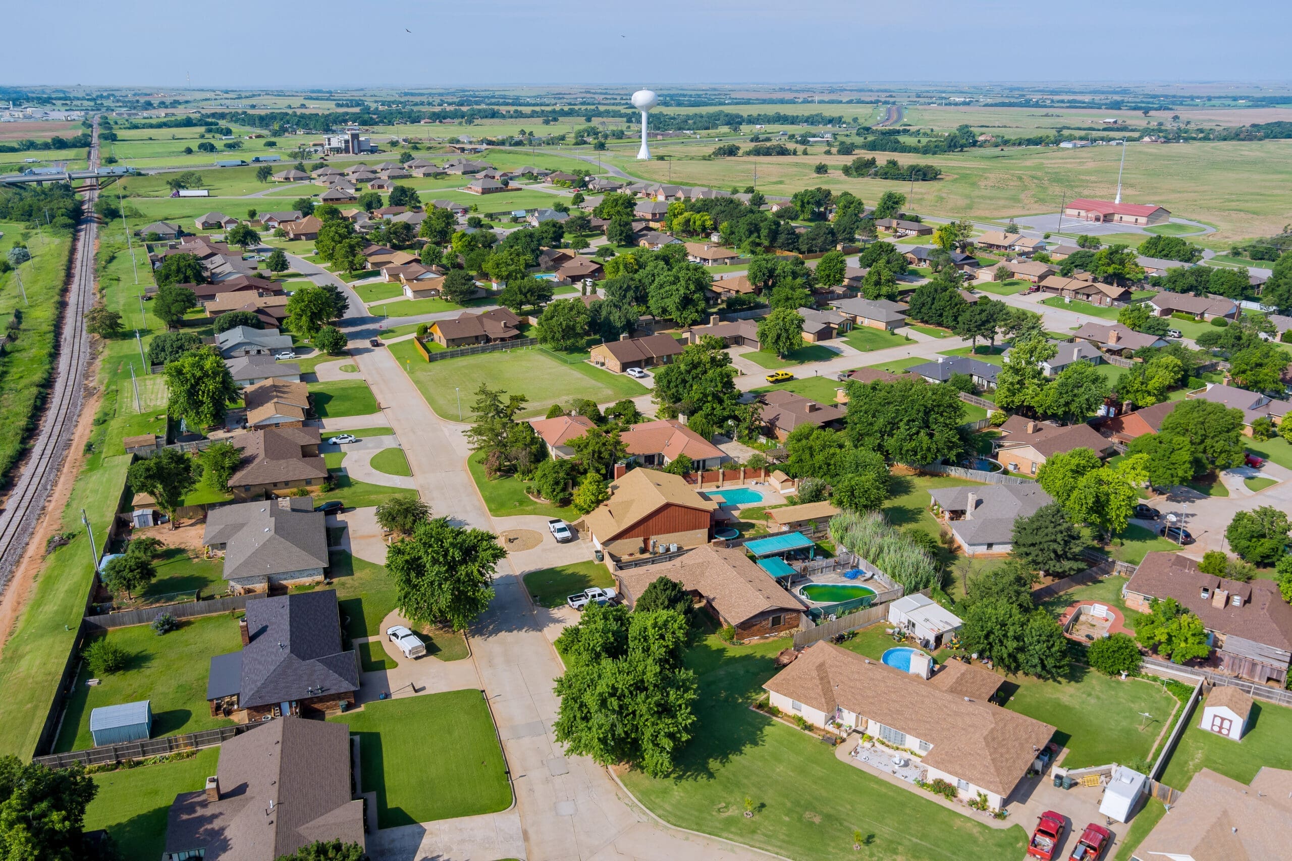 Overlooking view of a small town a Clinton in the highways, US Rte 66 interchanges of Oklahoma US