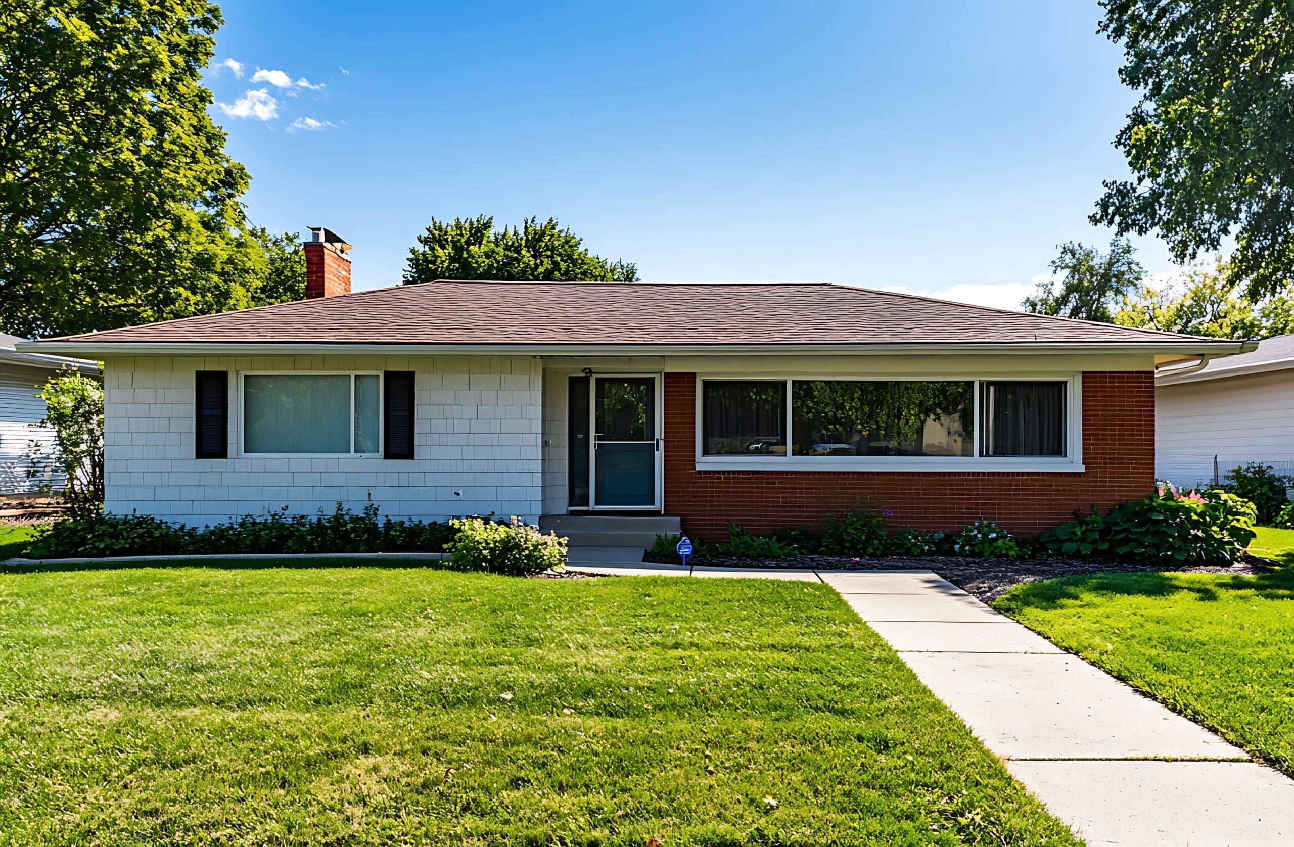 Front view of a simple suburban home with a vinyl shingle roof, a suburban-style house in the Midwest, the winner of a suburban architecture stock photo contest