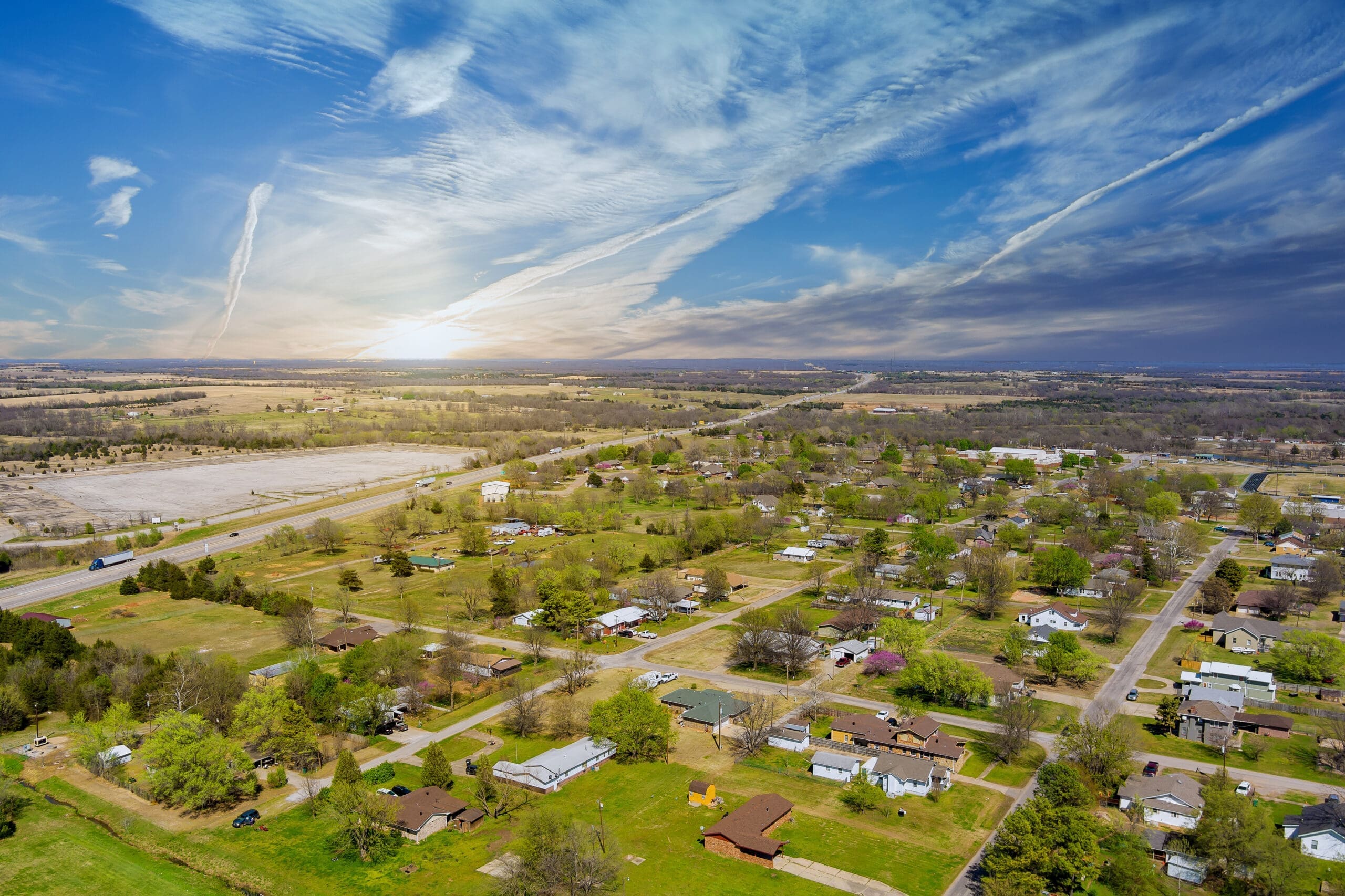 Aerial view of residential district at suburban development with a Stroud Oklahoma USA